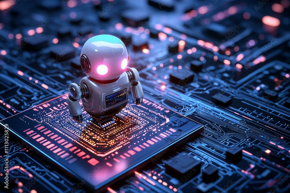 Poster a robot is standing on a computer chip