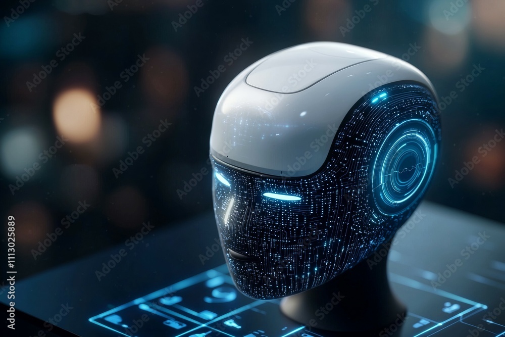 Poster a robot head with a blue and white face is displayed on a computer screen