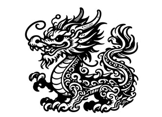 mythical asian dragon design in monochrome black vector drawing