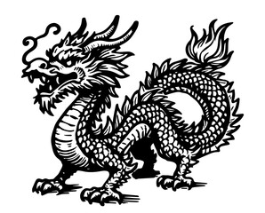 mythical asian dragon design in monochrome black vector drawing