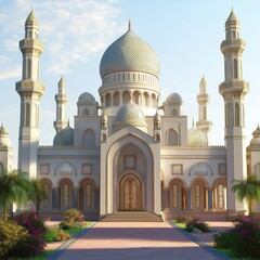 Fototapeta premium Impressive 3D model of mosque exterior. Architectural design shows detailed domes, minarets. Rich landscaping surrounds building. Peaceful, serene atmosphere. Suitable for architectural, religious