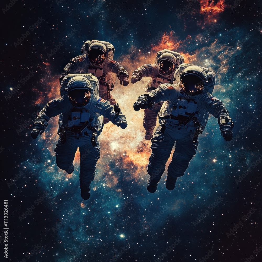 Poster astronauts floating in space amidst a colorful cosmic backdrop.