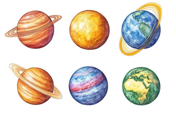A drawing of the universe, with galaxies circling distant planets