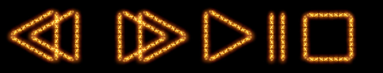 Symbols, signs of buttons from players: play, stop, pause, rewind. Signs in the form of lines of LED lamps in warm color - orange, yellow. Modern or retro displayed player buttons