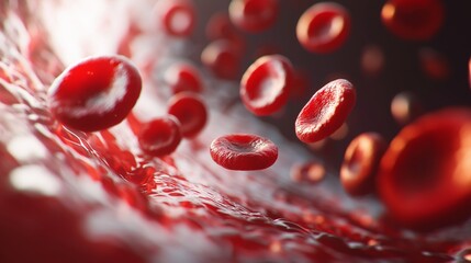 blood cells flowing through an artery, with realistic textures and lighting, showing the intricate structure of red and white blood cells in high definition