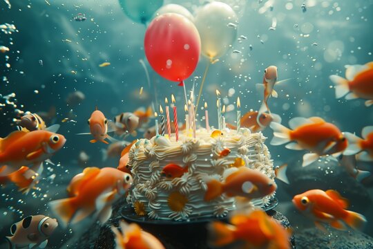 A whimsical underwater birthday cake surrounded by goldfish and colorful balloons.