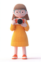 A 3D character of a girl in an orange dress holding a camera, ready to capture moments.