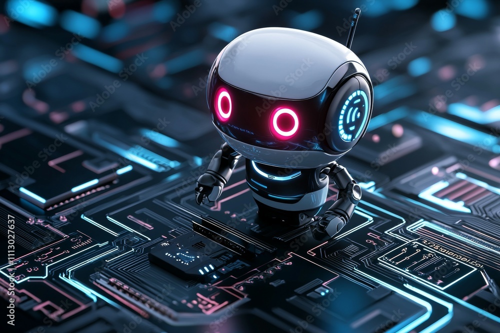 Poster a robot is standing on a circuit board with a glowing red eye