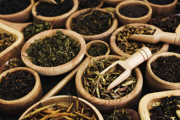 Colorful mix of tea varieties: red and black, green and white, oolong and herbalColorful mix of tea...