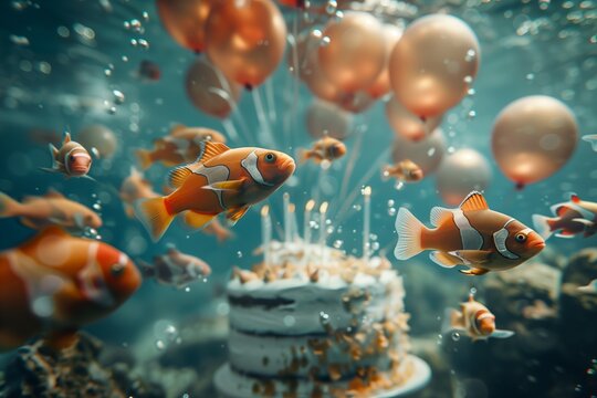 Colorful fish celebrate with balloons and a cake in an enchanting underwater scene.