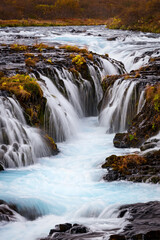 Close up image of the beautifull Bruarfoss blue waterfall in Iceland