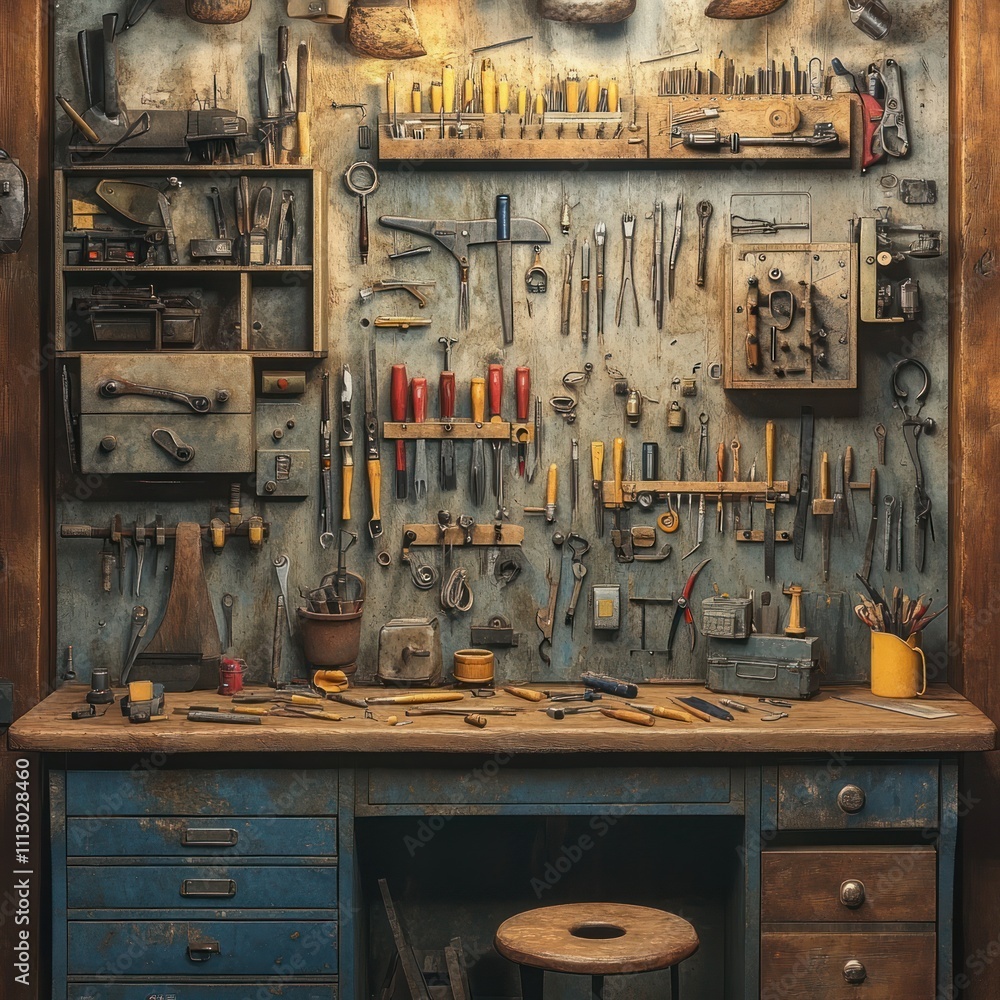Poster a well-organized workshop with various tools displayed on a wall and a workbench.