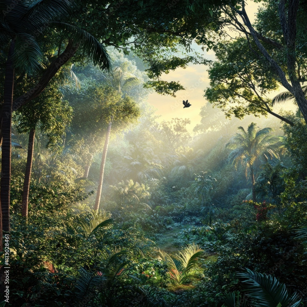 Aufkleber lush jungle scene with sunlight filtering through trees, creating a serene atmosphere.