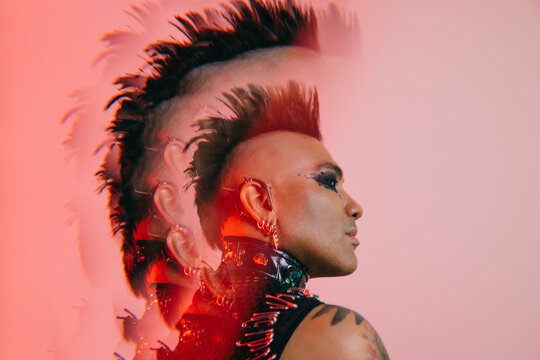 Creative punk style with layered mohawk and edgy makeup