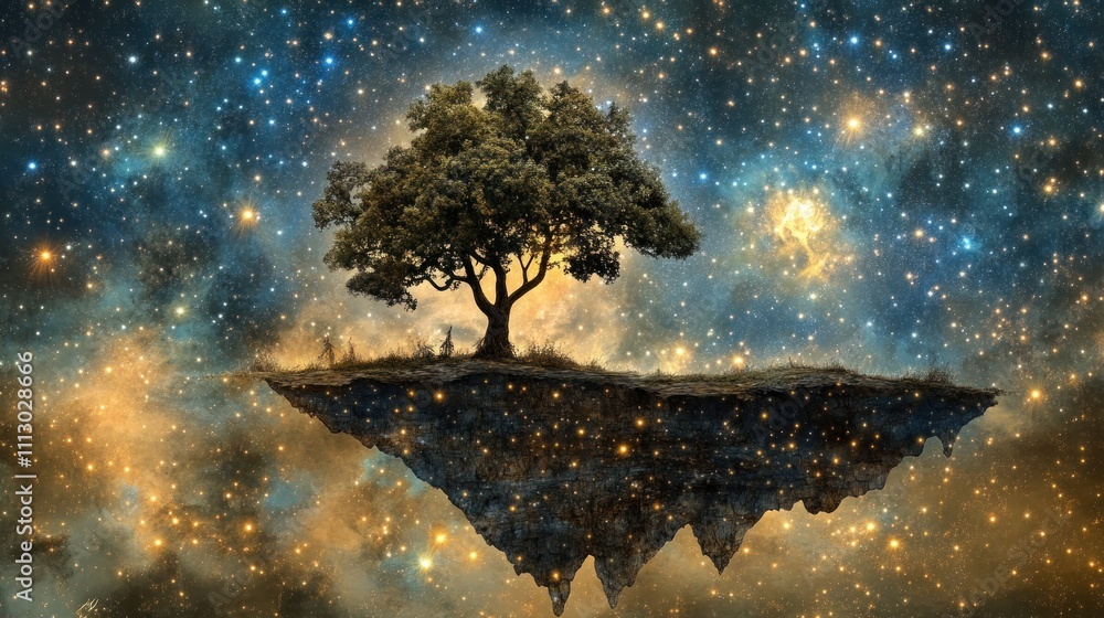 Poster a surreal floating island with a tree set against a starry cosmic backdrop.