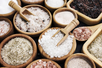 Colorful mix of salt varieties: sea and black, table and pink, himalayan and celtic, selective focus, shallow DOF