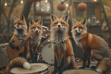 Four playful foxes performing music in a whimsical woodland setting.