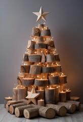 Unique wooden Christmas tree decorated with lights and a star in a minimalist setting