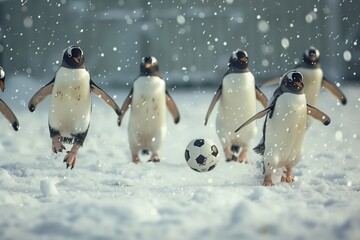 Group of playful penguins enjoying a snowball game with a soccer ball.