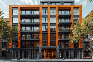 Modern residential building facade with wooden and glass elements, surrounded by greenery.