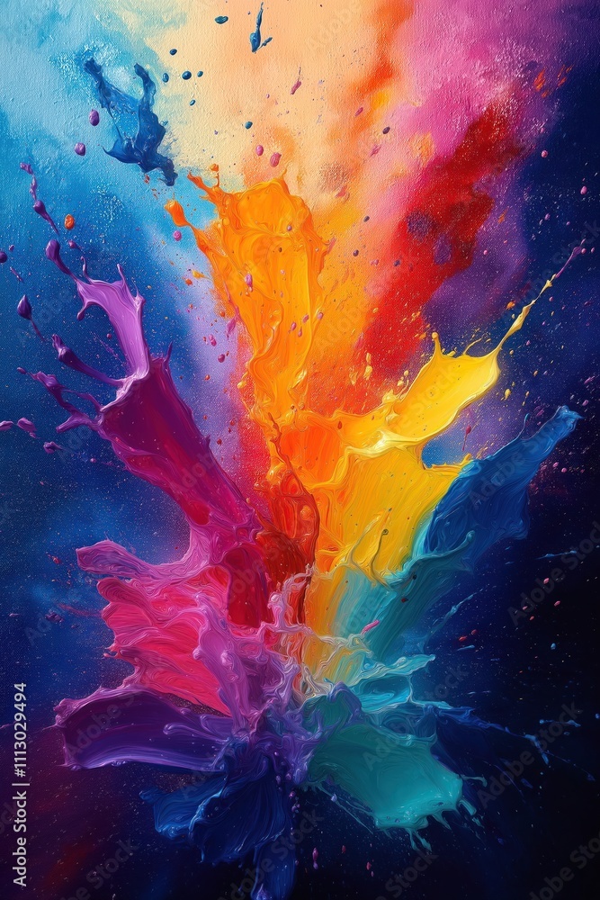 Poster colorful abstract painting shows vibrant paint splashes. dynamic colors explode on canvas. generativ