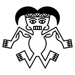 Stylized human figurine. Indian man. Indigenous Native American design from ancient Peru. Recuay culture. Black and white silhouette.