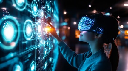 Obraz premium Futuristic interactive museum, holographic displays and digital art installations