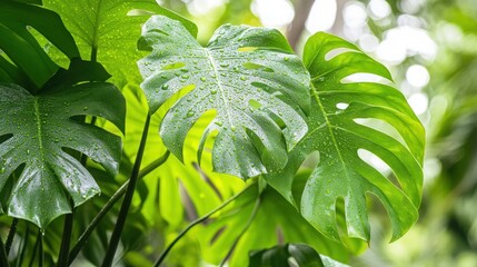Obraz premium Lush green leaves with droplets, showcasing nature's beauty and freshness.