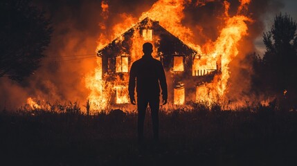Fototapeta premium A silhouette stands before a burning house, evoking themes of destruction and loss.