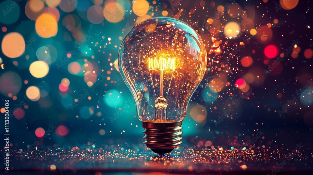 Poster illuminated light bulb with colorful glowing bokeh background
