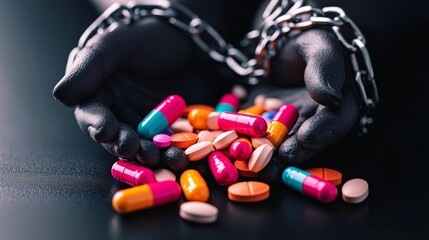 A symbolic image of chained hands with pills and a broken bottle in the foreground, highlighting the struggle against addiction
