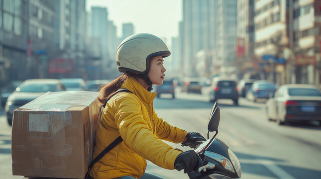 A mid-level shot of a female shipper wearing a yellow jacket and a helmet, riding a motorbike with goods