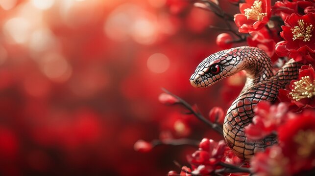 A vibrant red background highlights a New Year with chinese snake, complemented by floral motifs and traditional Asian decorations in the illustration.