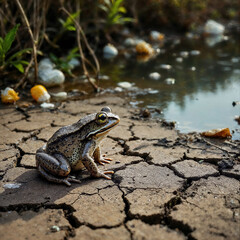 Frog on Dry Cracked Soil Near a Small Pond