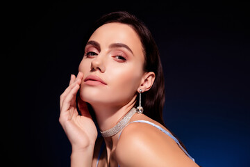 Photo of attractive girl feel flirt touch hands face on dark color background