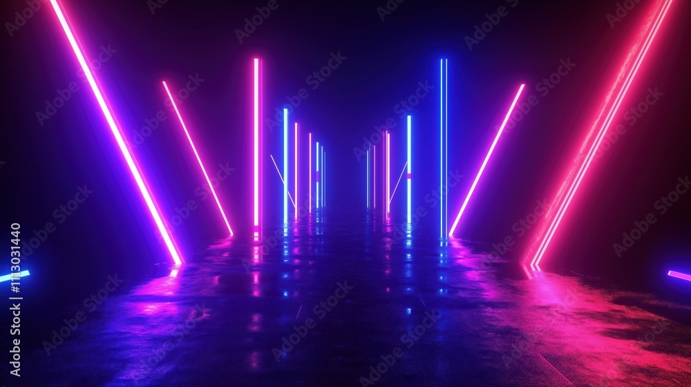 Poster Abstract 3d tech neon light scene. Empty space with geometric shapes. Colorful glowing lines and reflections. Futuristic design. Dark night. Empty studio for mockups.
