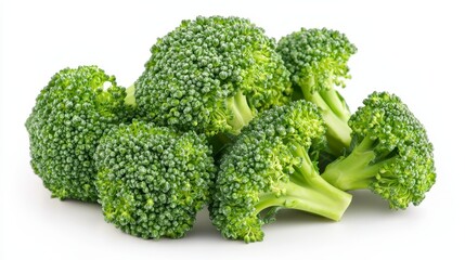 Fresh broccoli isolated on white, vivid greens and intricate floret detail, captured in soft, diffused light, perfect for vegan ad campaigns