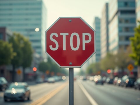 Stop sign stands in the middle of a city street