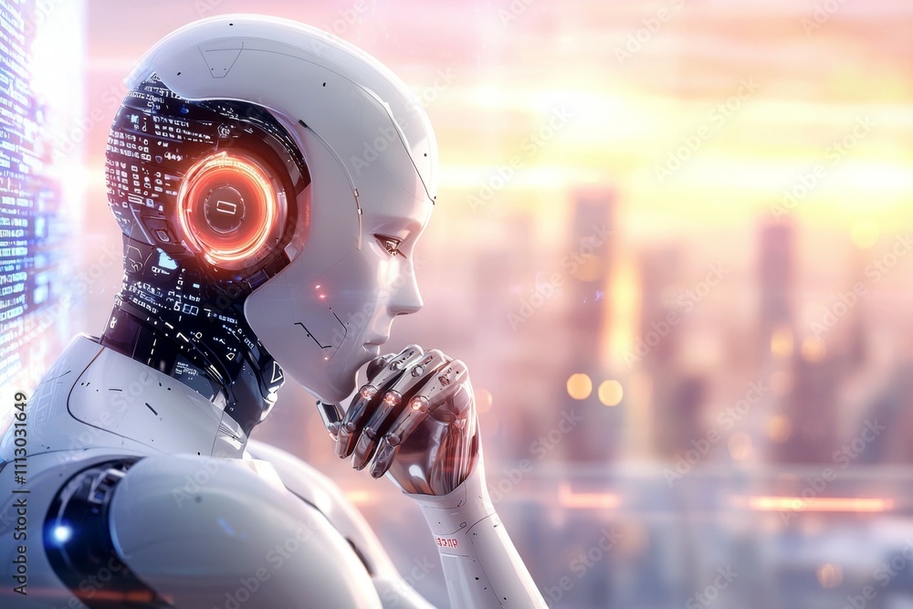 Poster a robot with a face and hands is looking at the camera