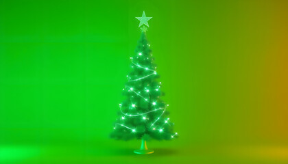 Green Christmas tree with sparkling lights on green background 3D Rendering, 3D Illustration isolated with white highlights, png