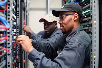 Two technicians working on electrical systems in a server room, focusing on their tasks.