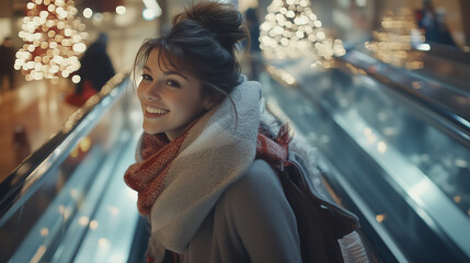 Obraz premium attractive smiling woman doing Christmas shopping in mall, happy holiday mood, discount sale