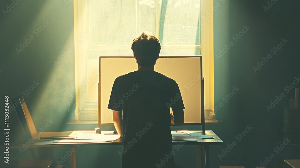 Poster a person stands in front of a blank canvas, illuminated by soft light from a window.