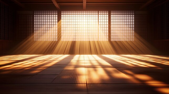 Traditional karate dojo with wooden walls and soft tatami mats, sunlight streaming through paper windows, minimalist Japanese interior, warm earthy tones, realistic, high detail