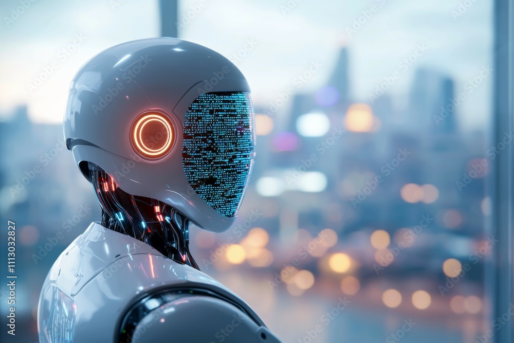 Poster a robot with a face made of computer chips stands in front of a city skyline