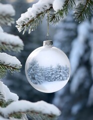 Delicate round Christmas ornament hanging on a snow covered pine branch in a serene winter setting. Generative AI