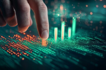 A hand is pointing at a green and red line graph