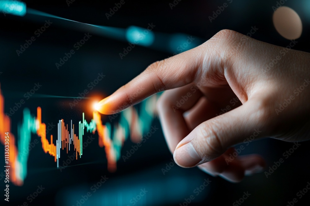 Poster a hand is pointing at a graph on a screen
