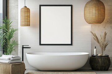 Modern bathroom design featuring a freestanding tub with natural decor elements and warm lighting