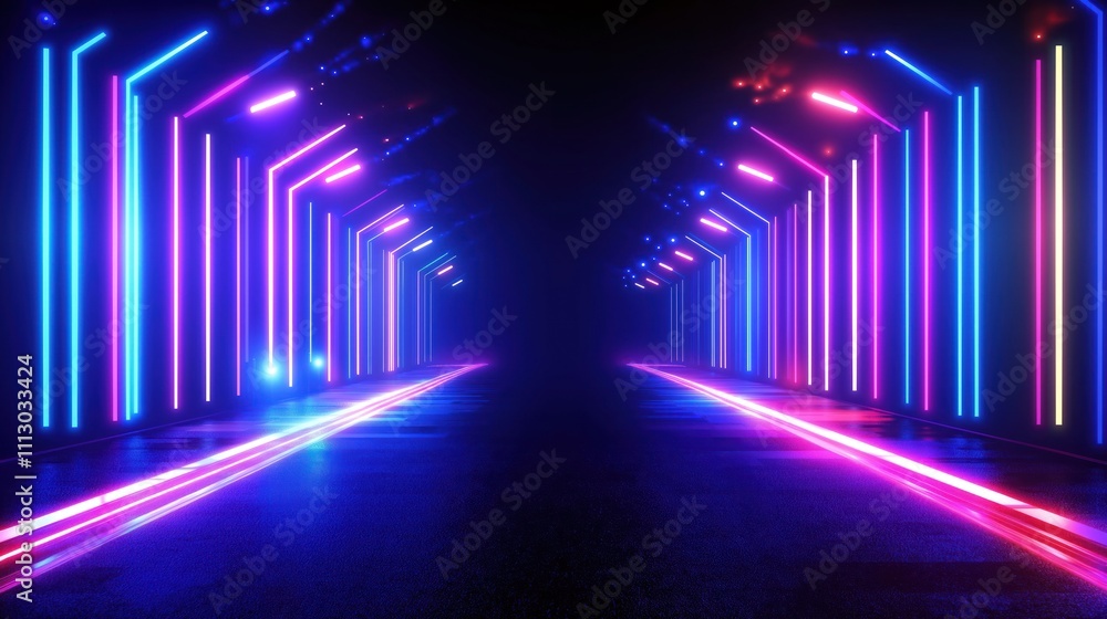 Poster empty dark night street floor studio. futuristic tech scene. neon lights glow in colorful geometric 